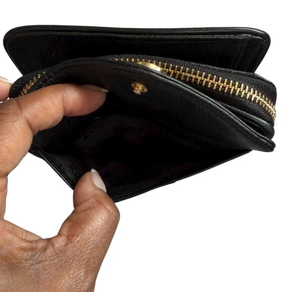 Michael Kors Black Leather Small Wallet Bifold Zip Coin Pocket Gold Logo MK - Picture 13 of 15